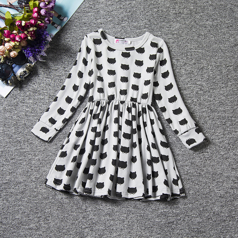 F68095 baby girl long sleeve cotton casual dress  black cat printed party skirt